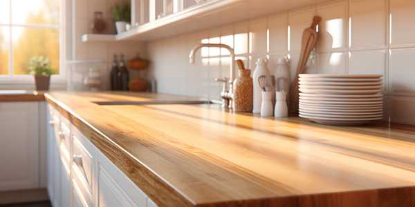 Meja dapur dengan bahan makanan dan peralatan memasak